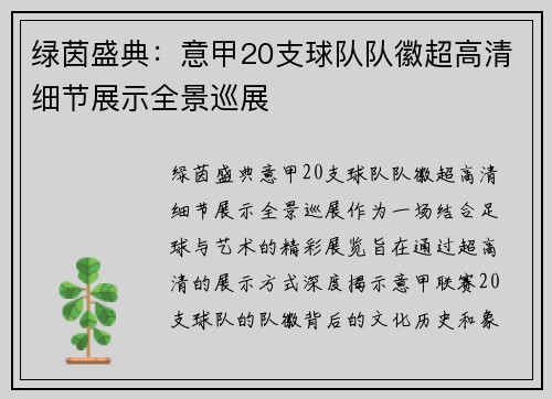 绿茵盛典：意甲20支球队队徽超高清细节展示全景巡展